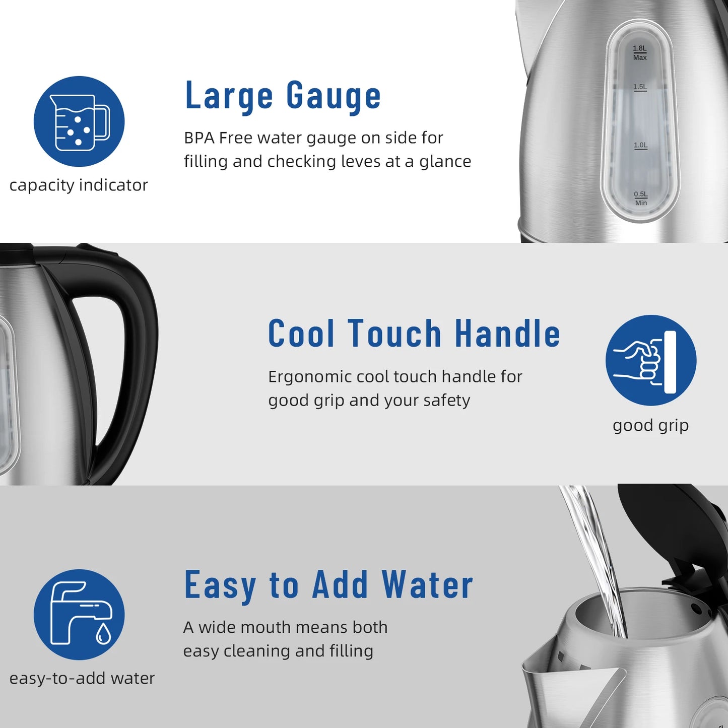 Stainless Steel Electric Kettle 1.8 Liter Fast Boil 1500W
