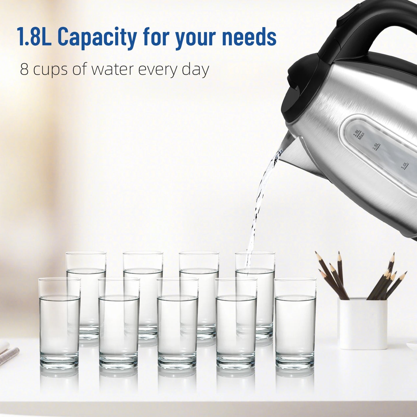 Stainless Steel Electric Kettle 1.8 Liter Fast Boil 1500W