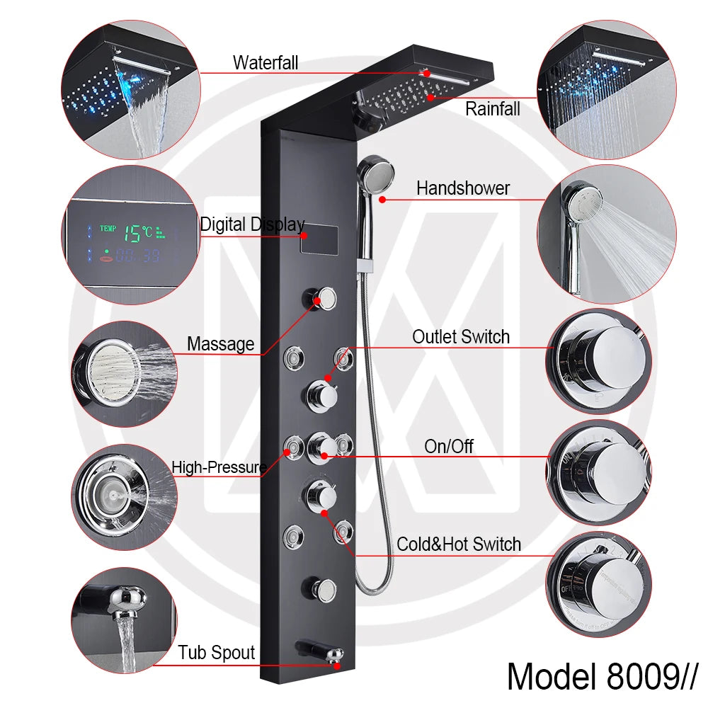 LED Light Shower Panel - Waterfall, Rain Digital Display Shower Faucet Set