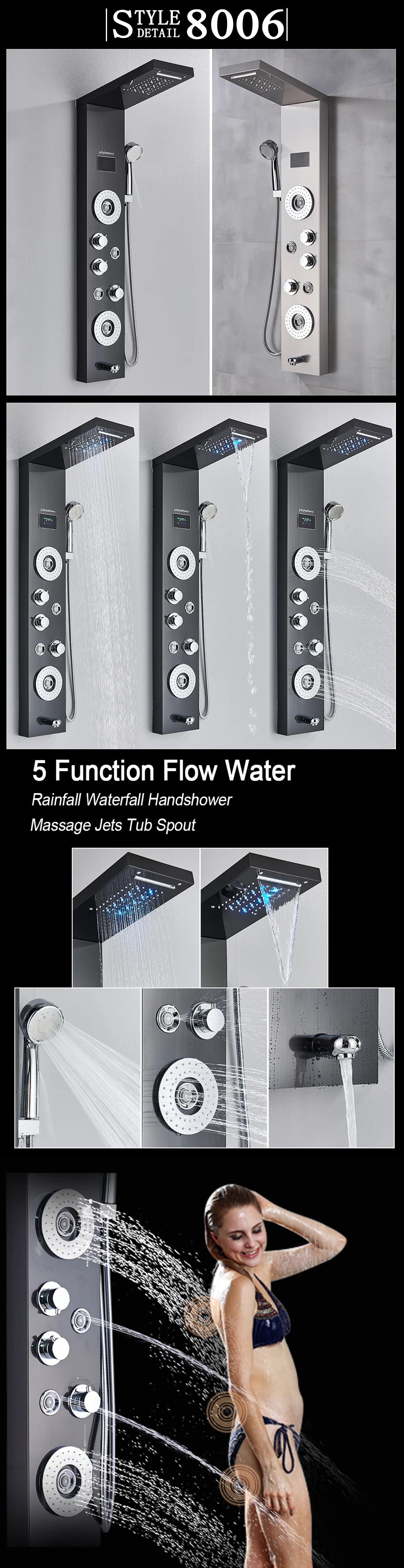 LED Light Shower Panel - Waterfall, Rain Digital Display Shower Faucet Set