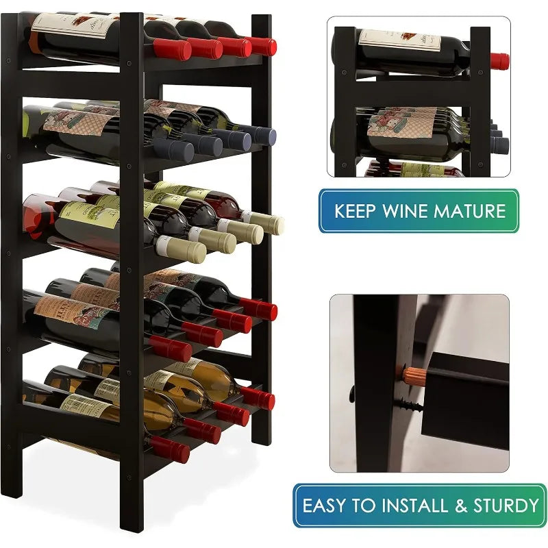 Bamboo Wine Rack, 20 Bottles Display Holder, 5-Tier Free Standing Storage Shelves for Kitchen, Pantry, Cellar