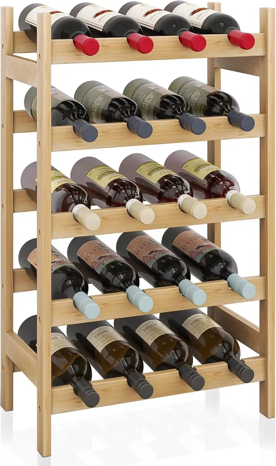 Bamboo Wine Rack, 20 Bottles Display Holder, 5-Tier Free Standing Storage Shelves for Kitchen, Pantry, Cellar