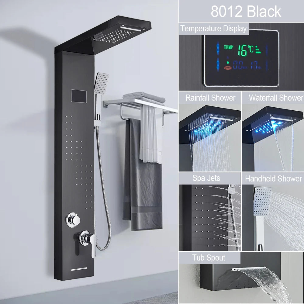 LED Light Shower Panel - Waterfall, Rain Digital Display Shower Faucet Set