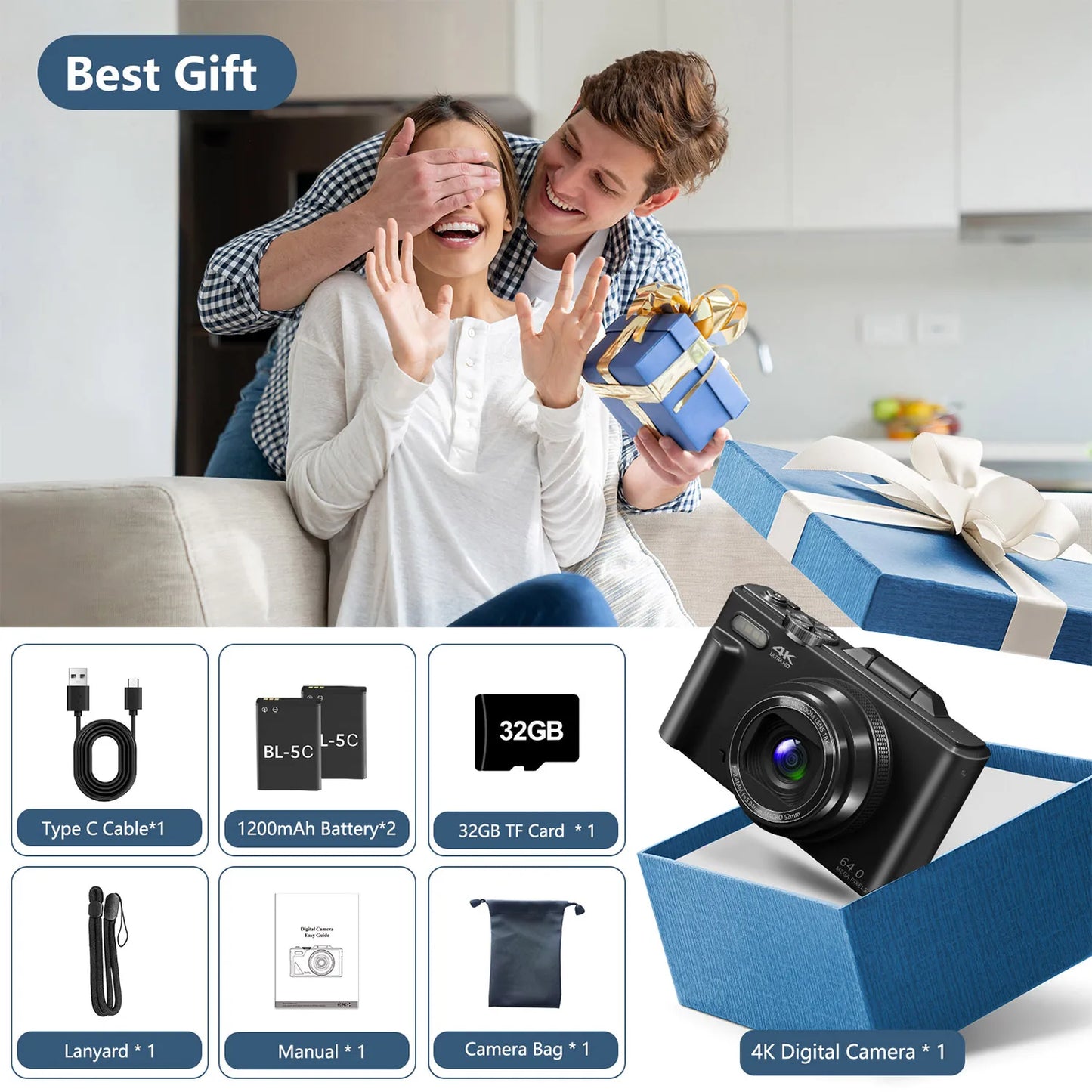 4K compact digital photography camera, 18x digital zoom,180ยฐ flip screen, WiFi webcam