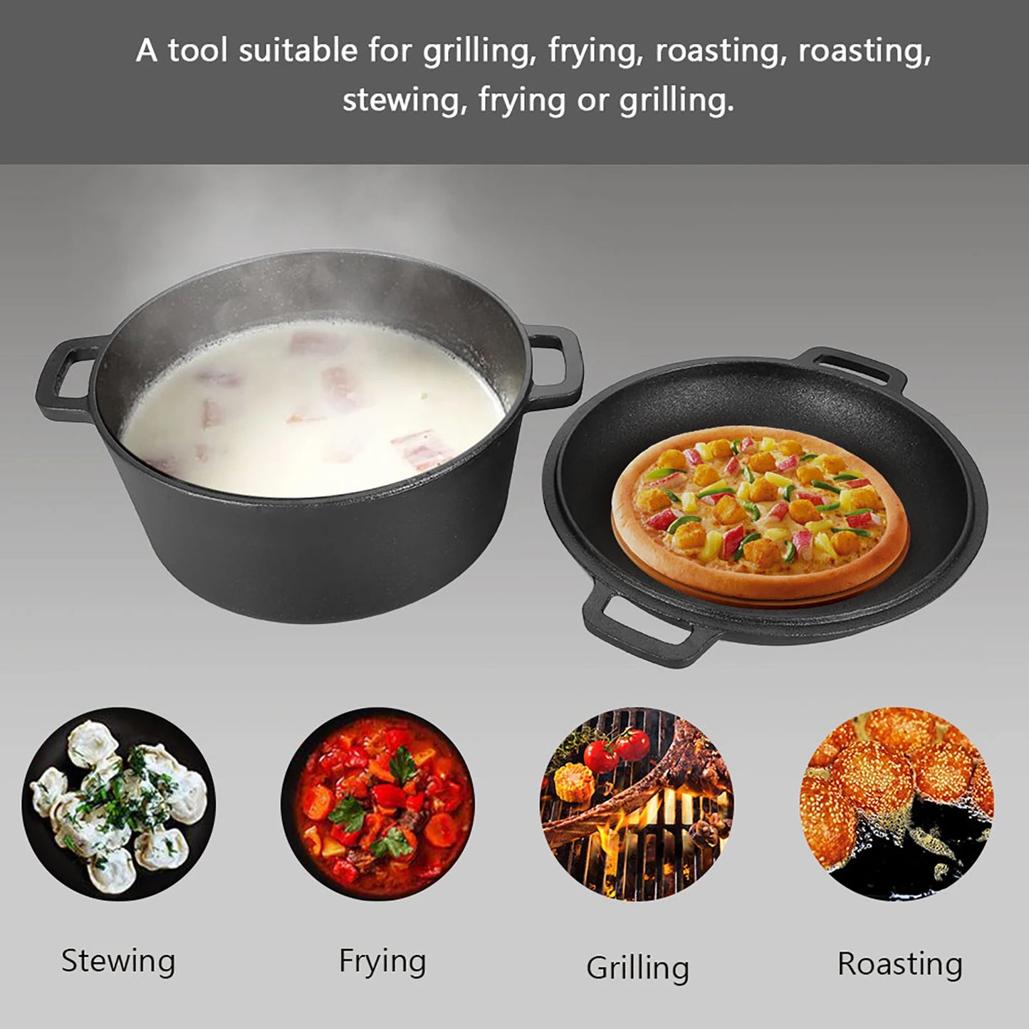 Cast Iron Dutch Oven Pot with Skillet Lid Cooking Pan Set