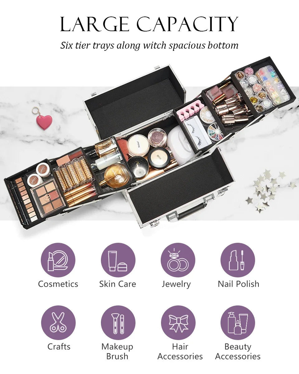Professional Nail Suitcase Travel Portable Large Capacity Makeup Case with 6 Trays for Make-up Artists