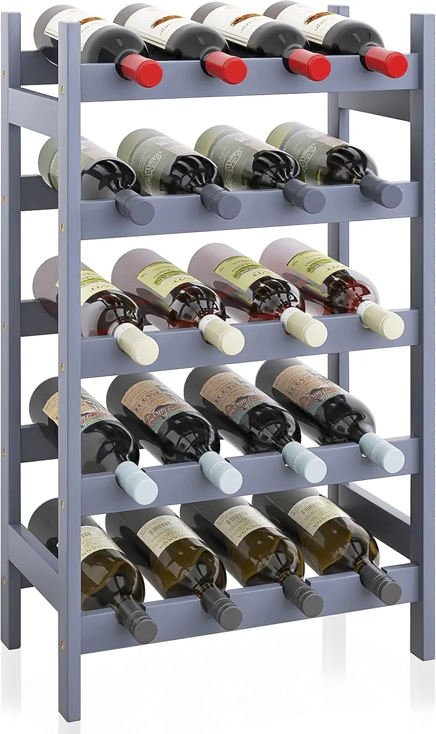 Bamboo Wine Rack, 20 Bottles Display Holder, 5-Tier Free Standing Storage Shelves for Kitchen, Pantry, Cellar