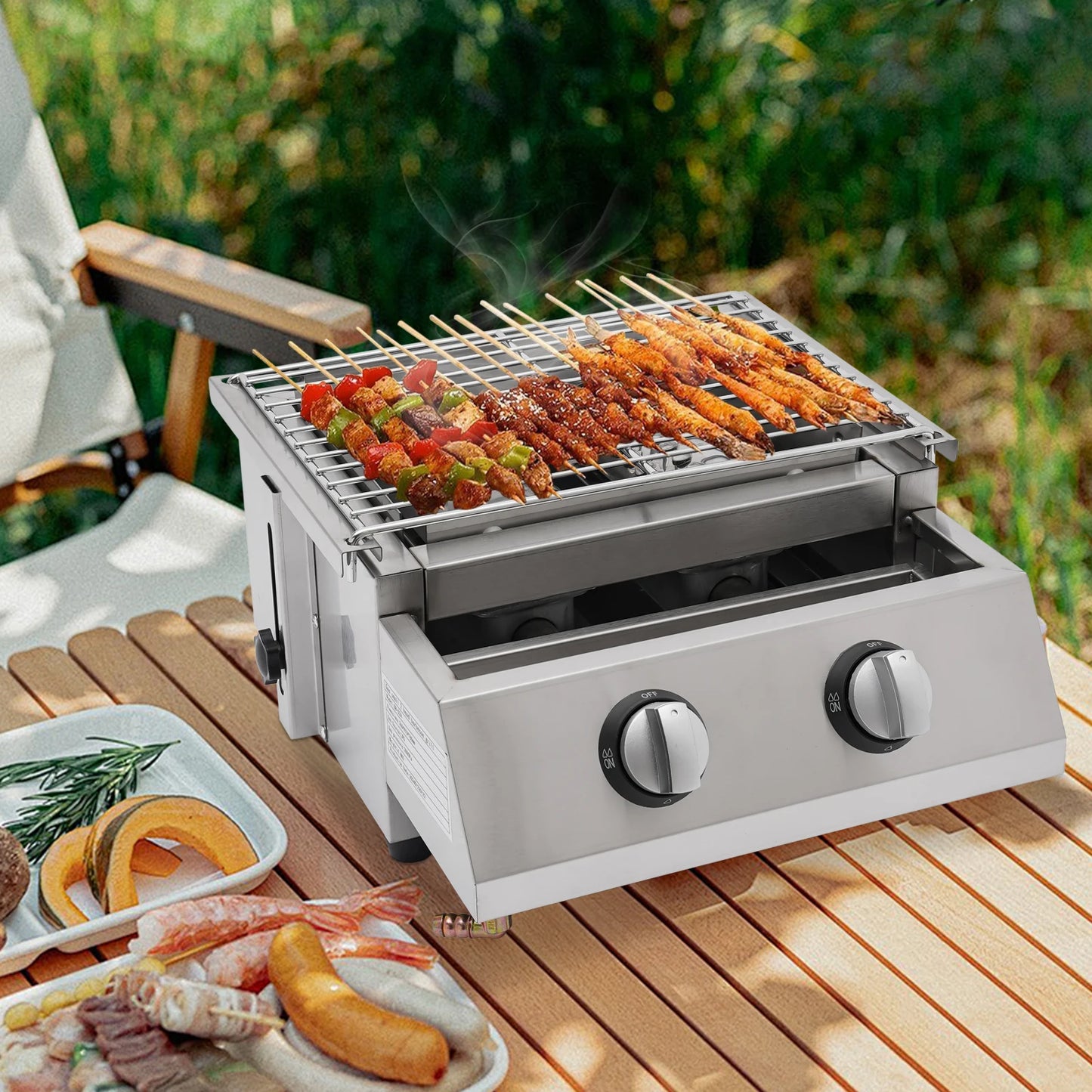 Camping BBQ Tabletop 2 Burner Gas Grill Outdoor Steel Shield