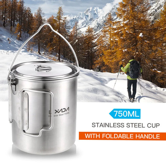 Lixada 750ml Stainless Steel Water Cup with Foldable Handles and Lid for Camping Hiking Backpacking