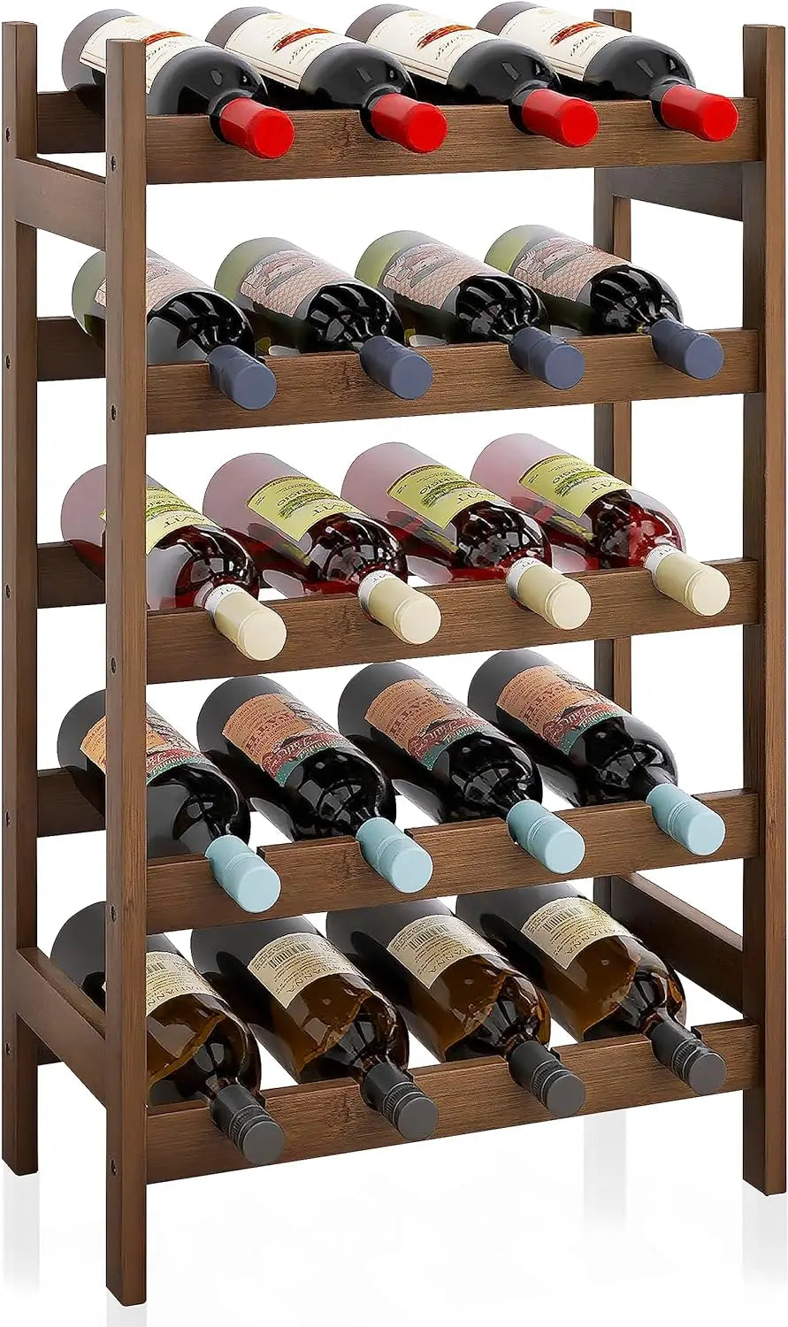 Bamboo Wine Rack, 20 Bottles Display Holder, 5-Tier Free Standing Storage Shelves for Kitchen, Pantry, Cellar