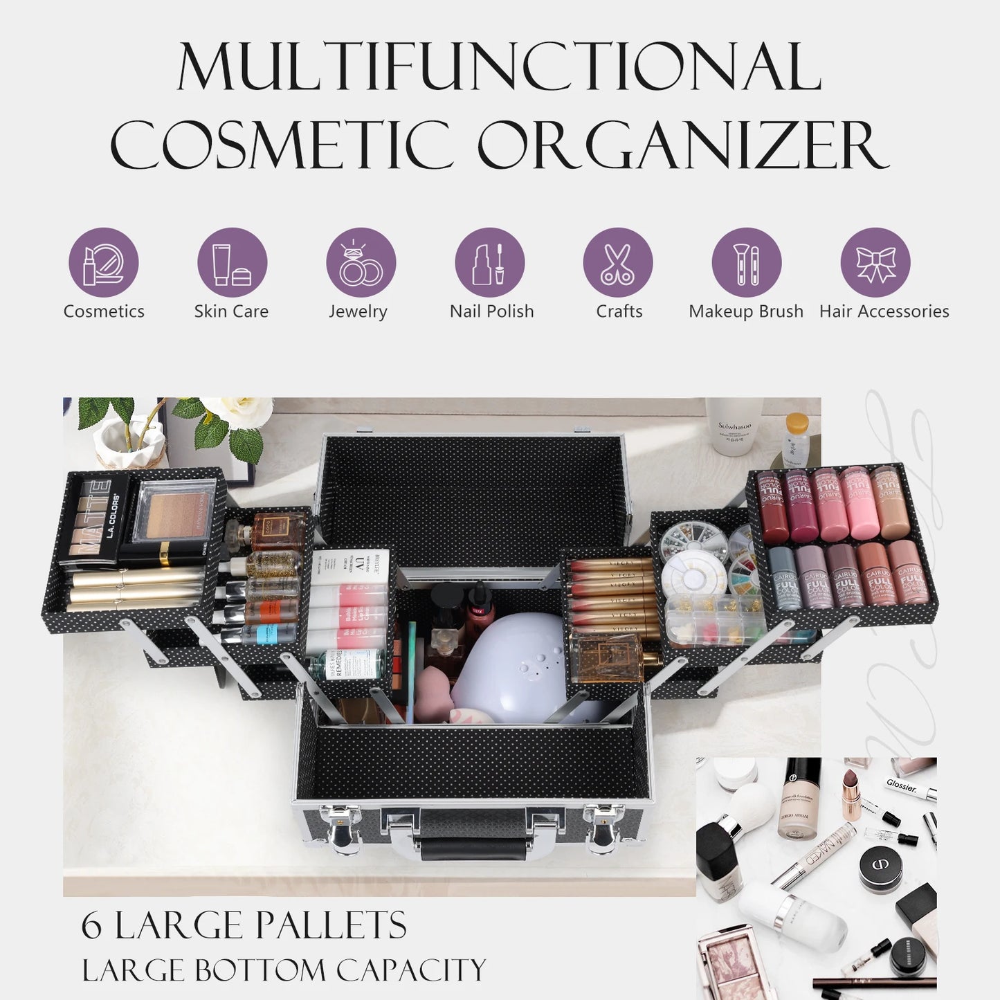Professional Nail Suitcase Travel Portable Large Capacity Makeup Case with 6 Trays for Make-up Artists