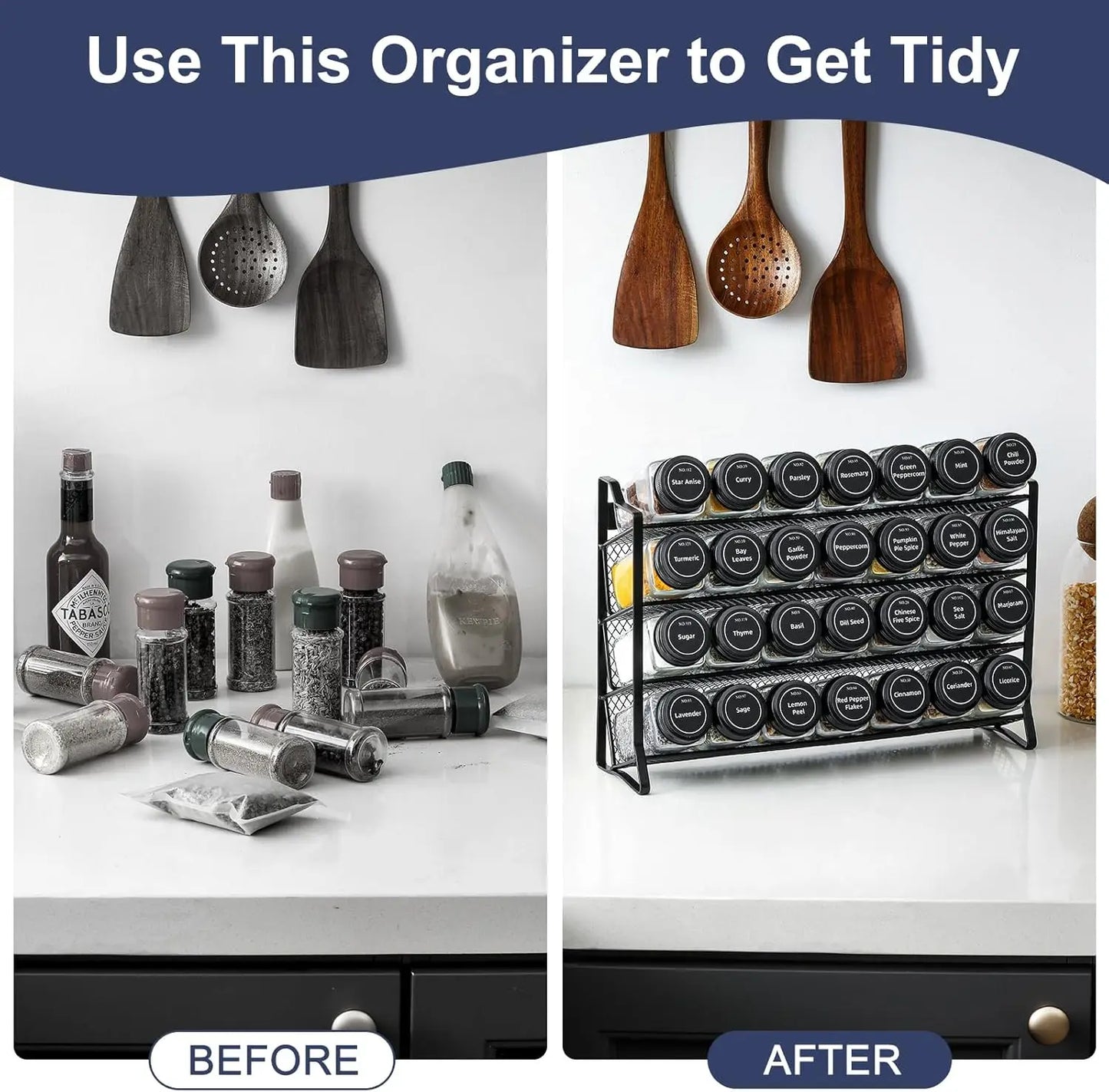 Spice Rack Organizer for Cabinet with 28 Empty Spice Jars