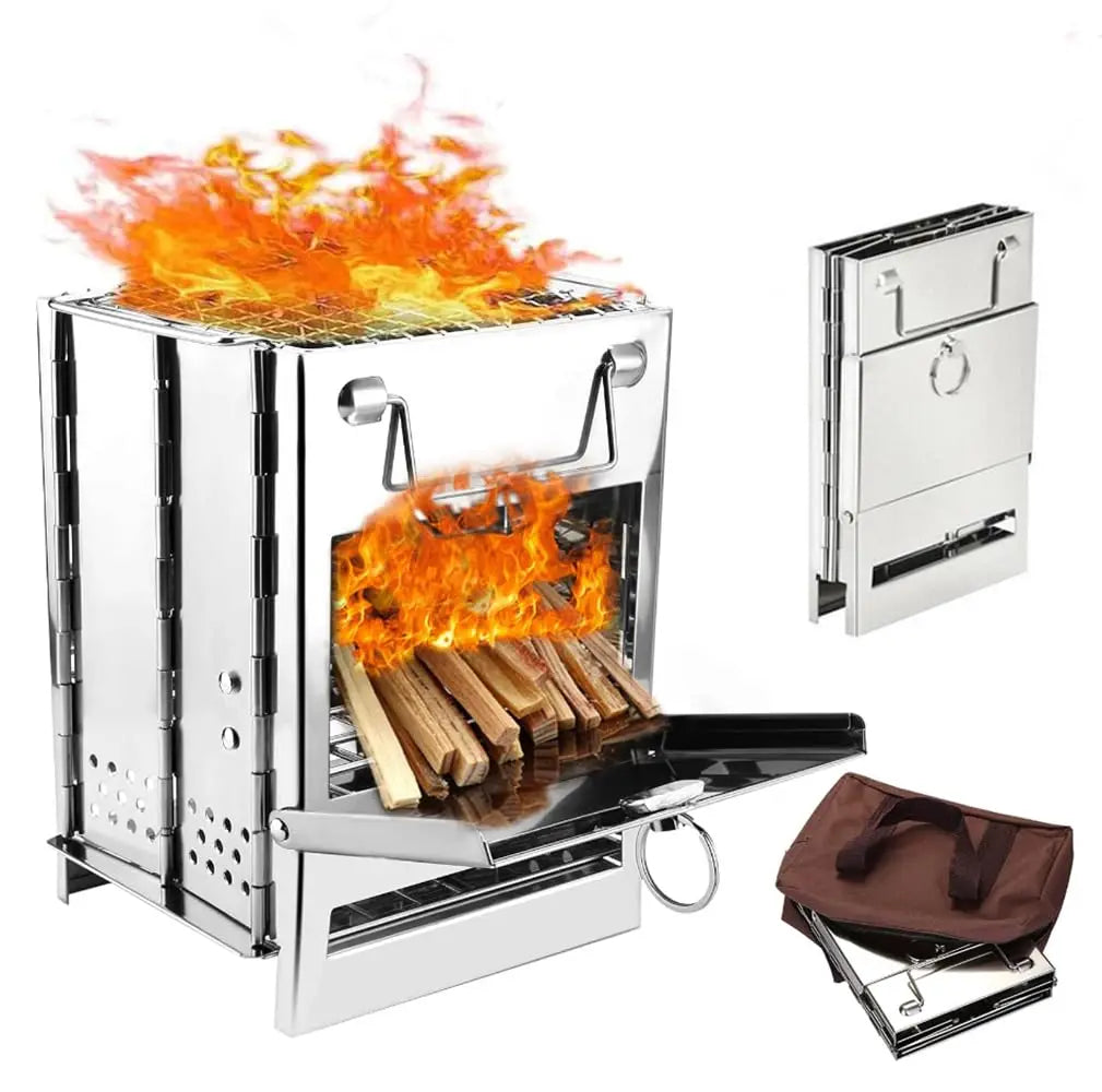Camping Wood Burning Stove With Grill Collapsible Backpacking Rocket Stove