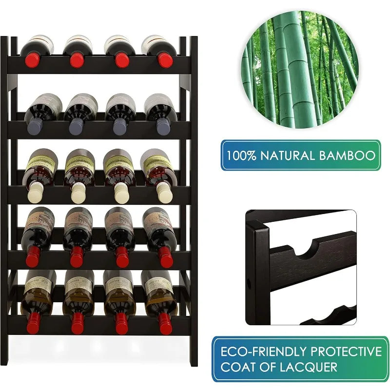 Bamboo Wine Rack, 20 Bottles Display Holder, 5-Tier Free Standing Storage Shelves for Kitchen, Pantry, Cellar