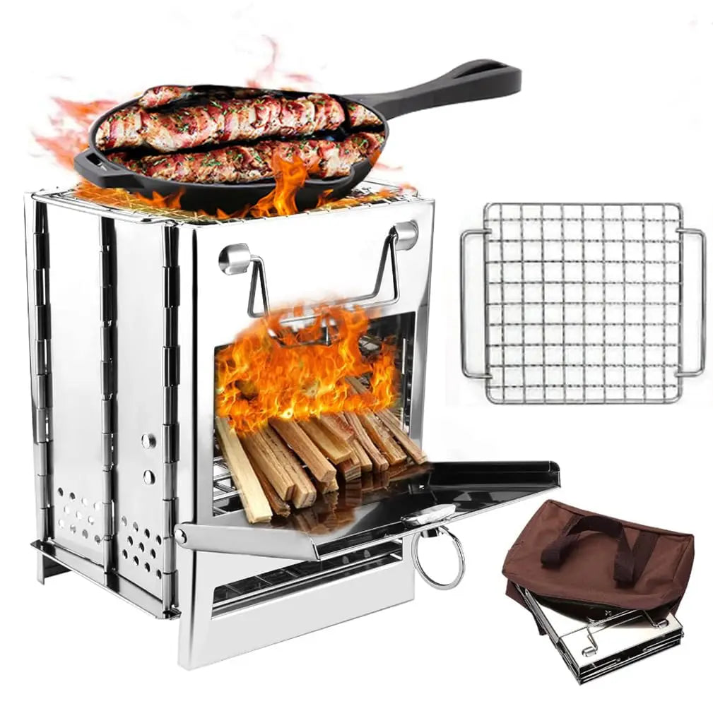Camping Wood Burning Stove With Grill Collapsible Backpacking Rocket Stove