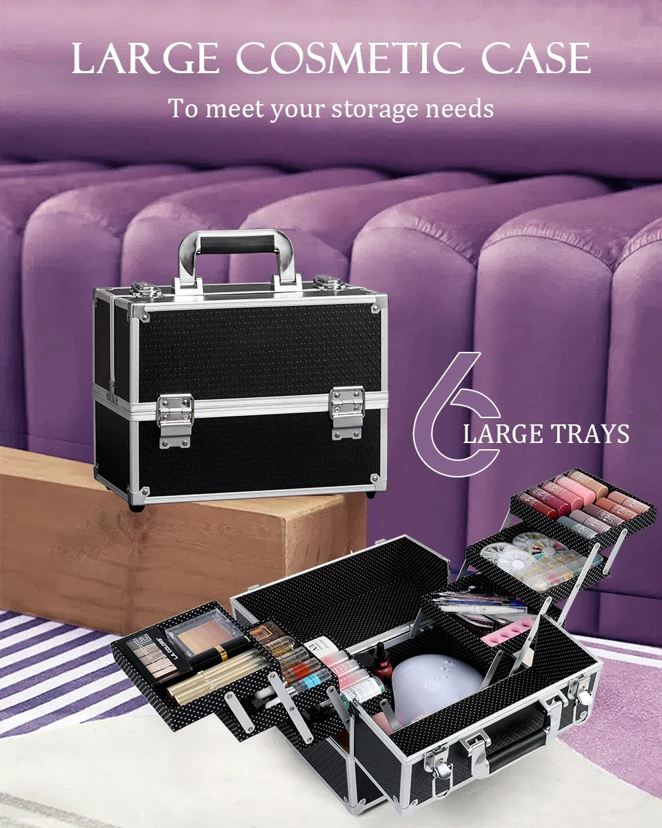 Professional Nail Suitcase Travel Portable Large Capacity Makeup Case with 6 Trays for Make-up Artists