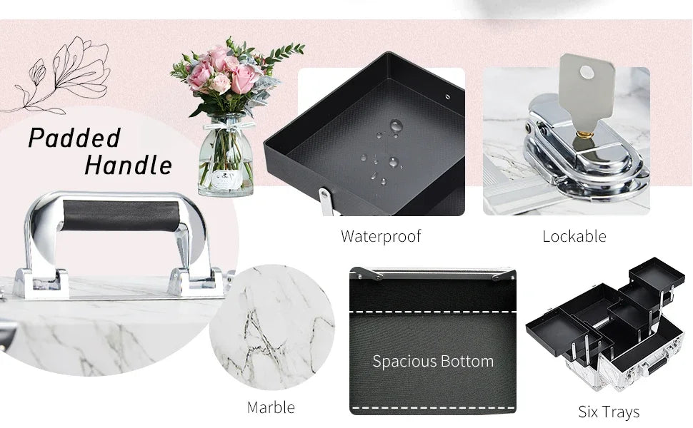 Professional Nail Suitcase Travel Portable Large Capacity Makeup Case with 6 Trays for Make-up Artists