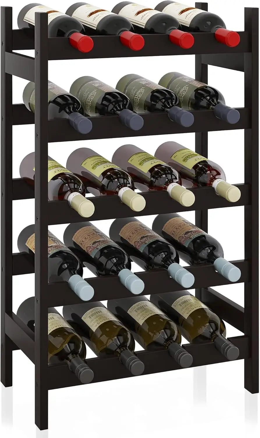 Bamboo Wine Rack, 20 Bottles Display Holder, 5-Tier Free Standing Storage Shelves for Kitchen, Pantry, Cellar