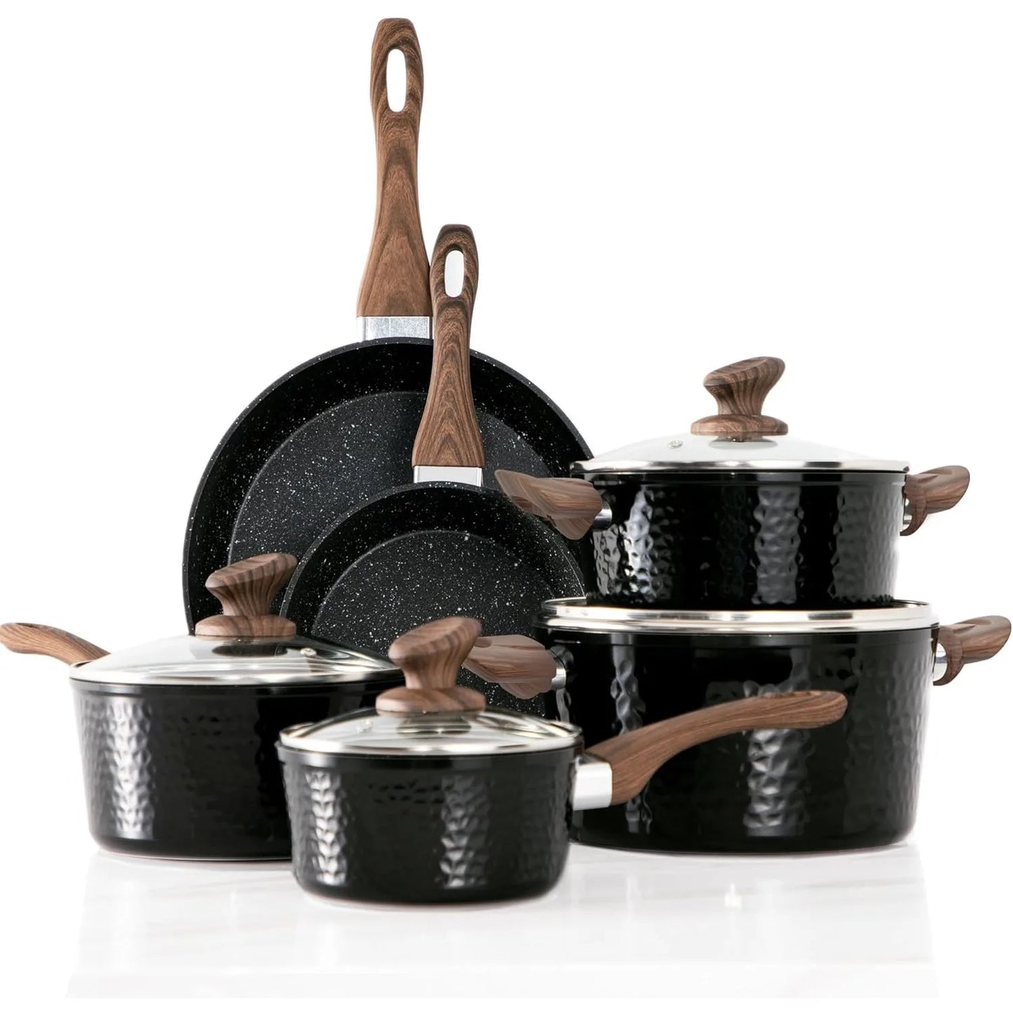 Pots and Pans Set Non Stick - 15 Pcs Black Cookware Set