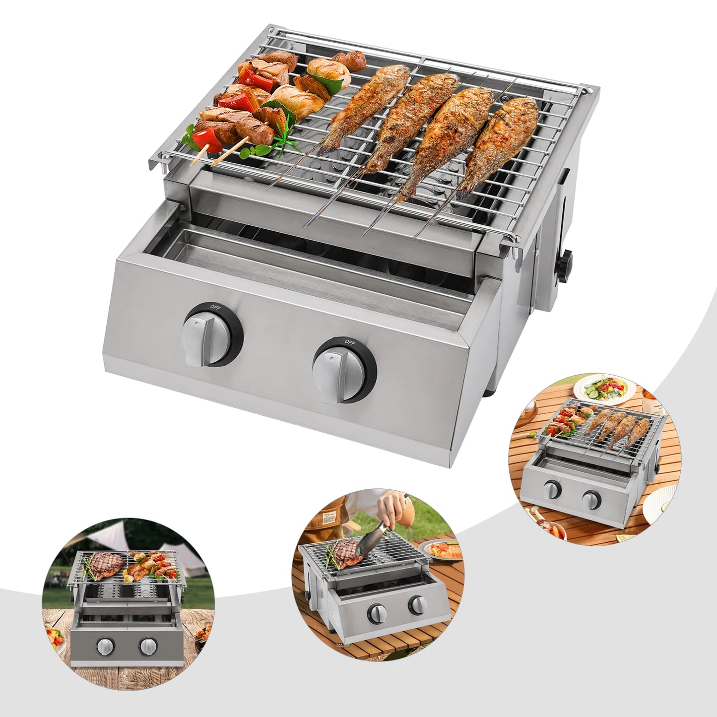 Camping BBQ Tabletop 2 Burner Gas Grill Outdoor Steel Shield