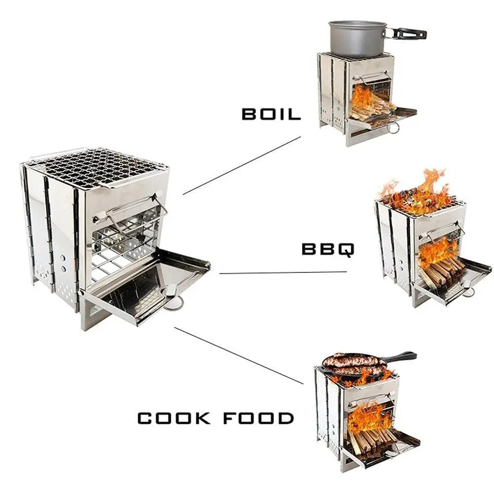 Camping Wood Burning Stove With Grill Collapsible Backpacking Rocket Stove