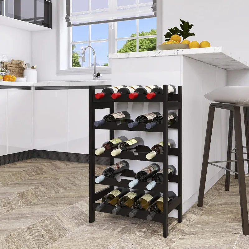 Bamboo Wine Rack, 20 Bottles Display Holder, 5-Tier Free Standing Storage Shelves for Kitchen, Pantry, Cellar