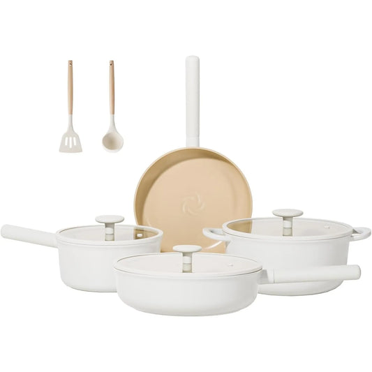 14Pcs Beige Ceramic Cookware Set  Pots and Pans Set Nonstick