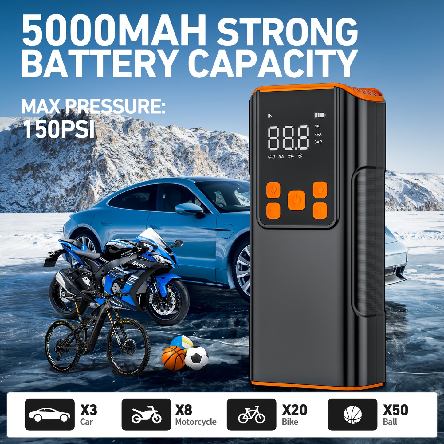 Portable Air Compressor - 150PSI Tire Inflator with Pressure Gauge