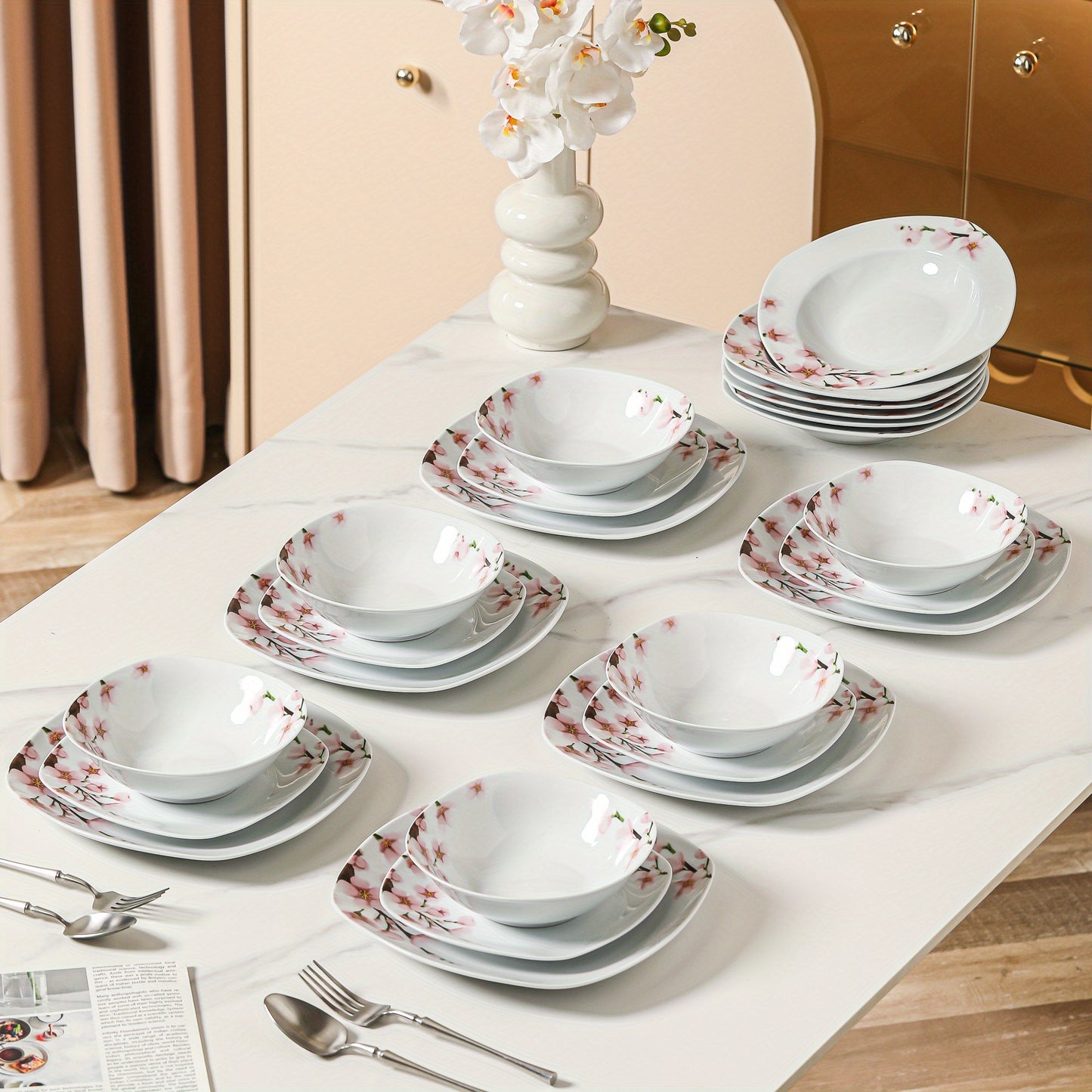 24pcs White Porcelain Ceramic Tableware Dinnerware Set with Dinner Dessert Soup Plate, Bowl Service for 6 Person