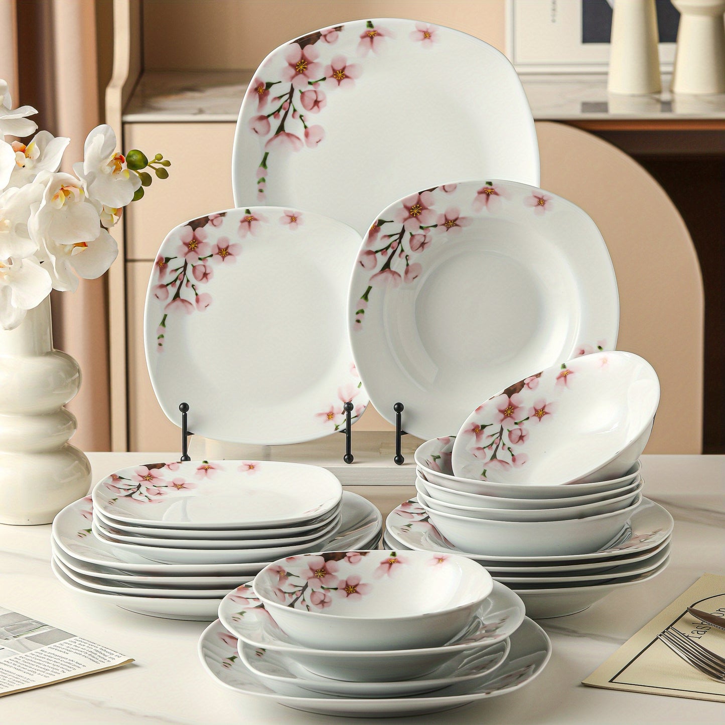 24pcs White Porcelain Ceramic Tableware Dinnerware Set with Dinner Dessert Soup Plate, Bowl Service for 6 Person
