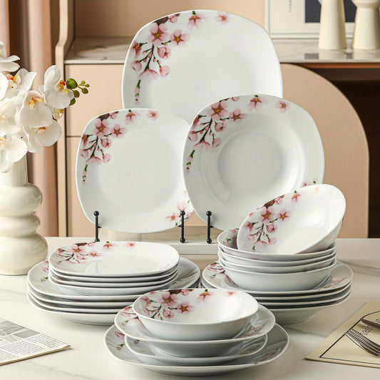 24pcs White Porcelain Ceramic Tableware Dinnerware Set with Dinner Dessert Soup Plate, Bowl Service for 6 Person