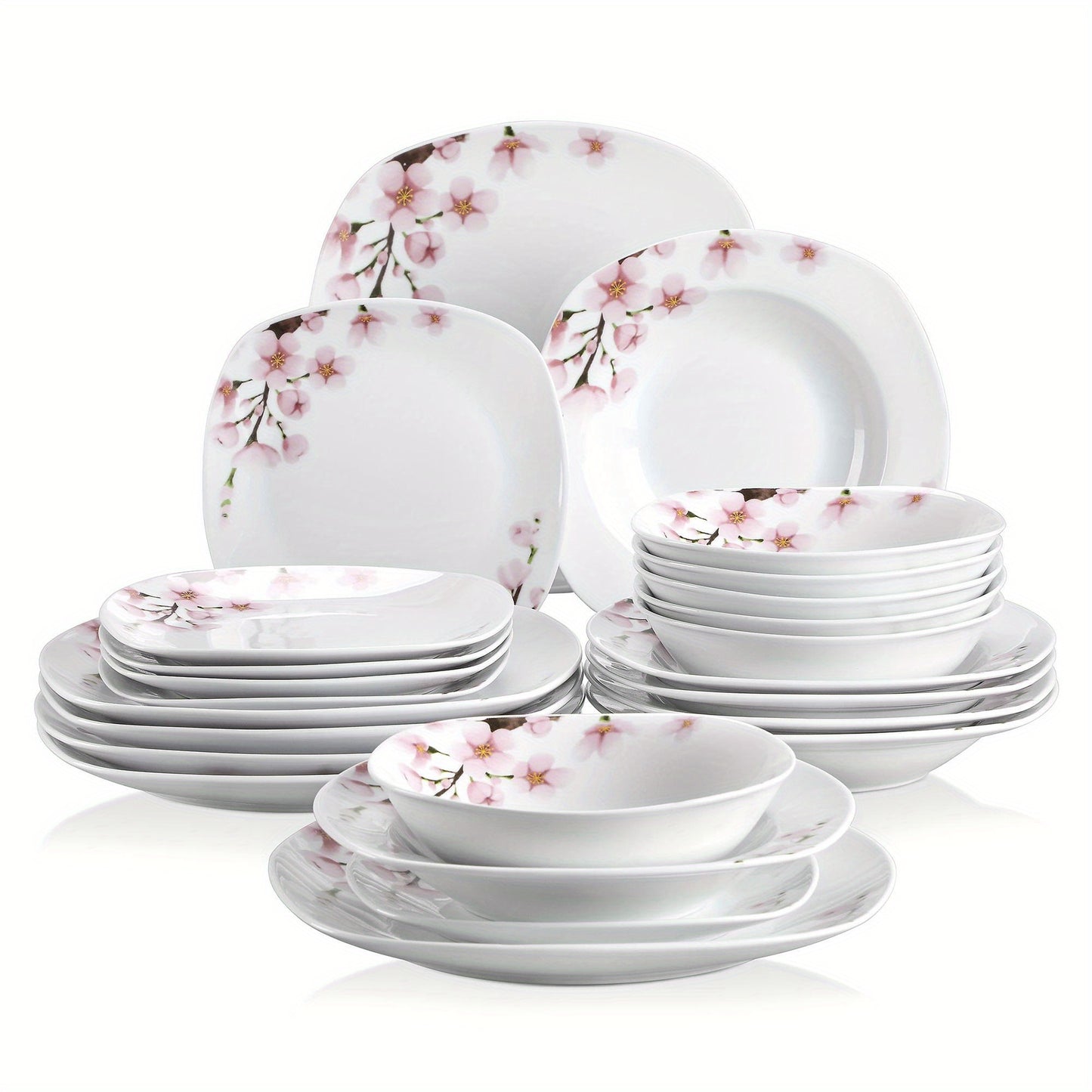 24pcs White Porcelain Ceramic Tableware Dinnerware Set with Dinner Dessert Soup Plate, Bowl Service for 6 Person