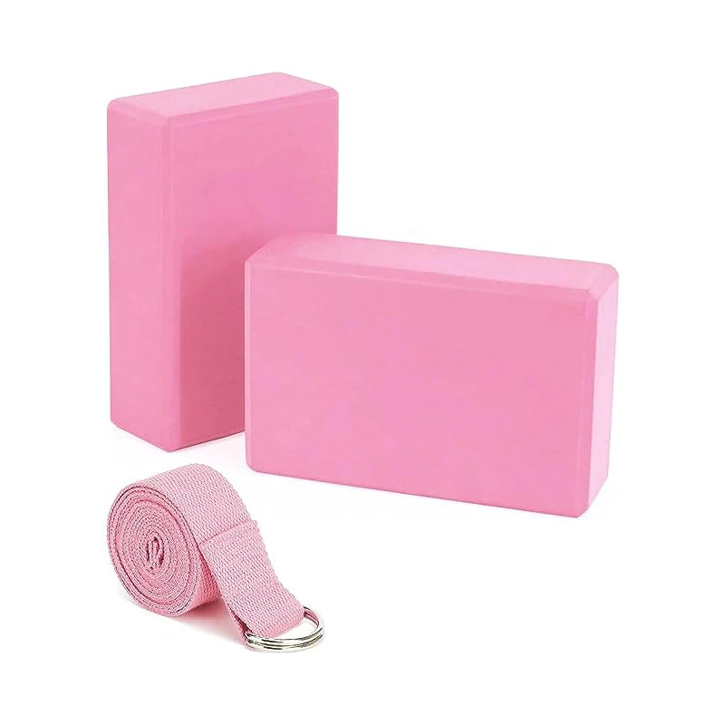 1 Pack Combo Set, 9" x 6" x 3" High Density EVA Foam Block Yoga Block 2 Pack and Metal D Ring Yoga Strap 1