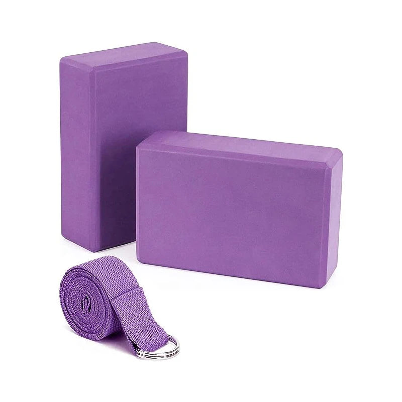 1 Pack Combo Set, 9" x 6" x 3" High Density EVA Foam Block Yoga Block 2 Pack and Metal D Ring Yoga Strap 1