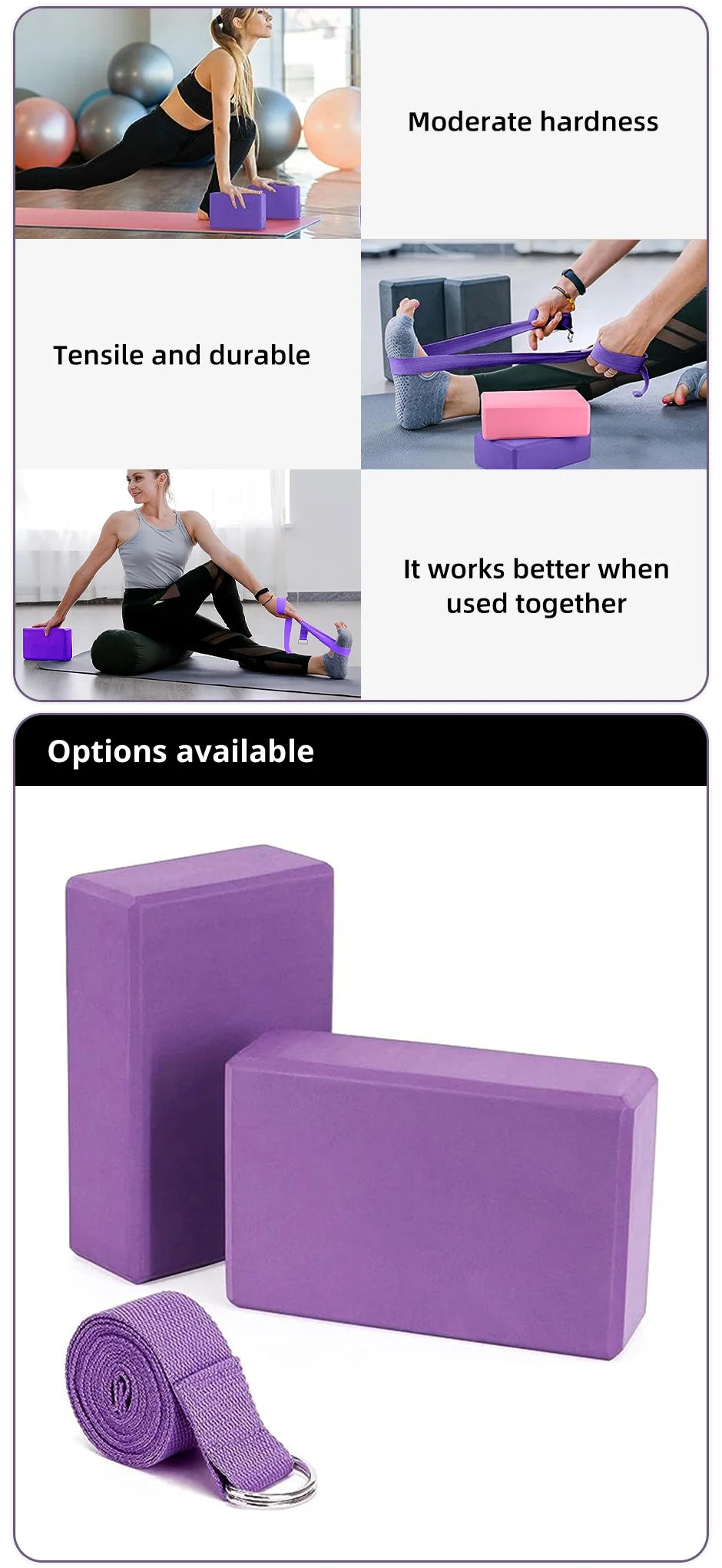 1 Pack Combo Set, 9" x 6" x 3" High Density EVA Foam Block Yoga Block 2 Pack and Metal D Ring Yoga Strap 1