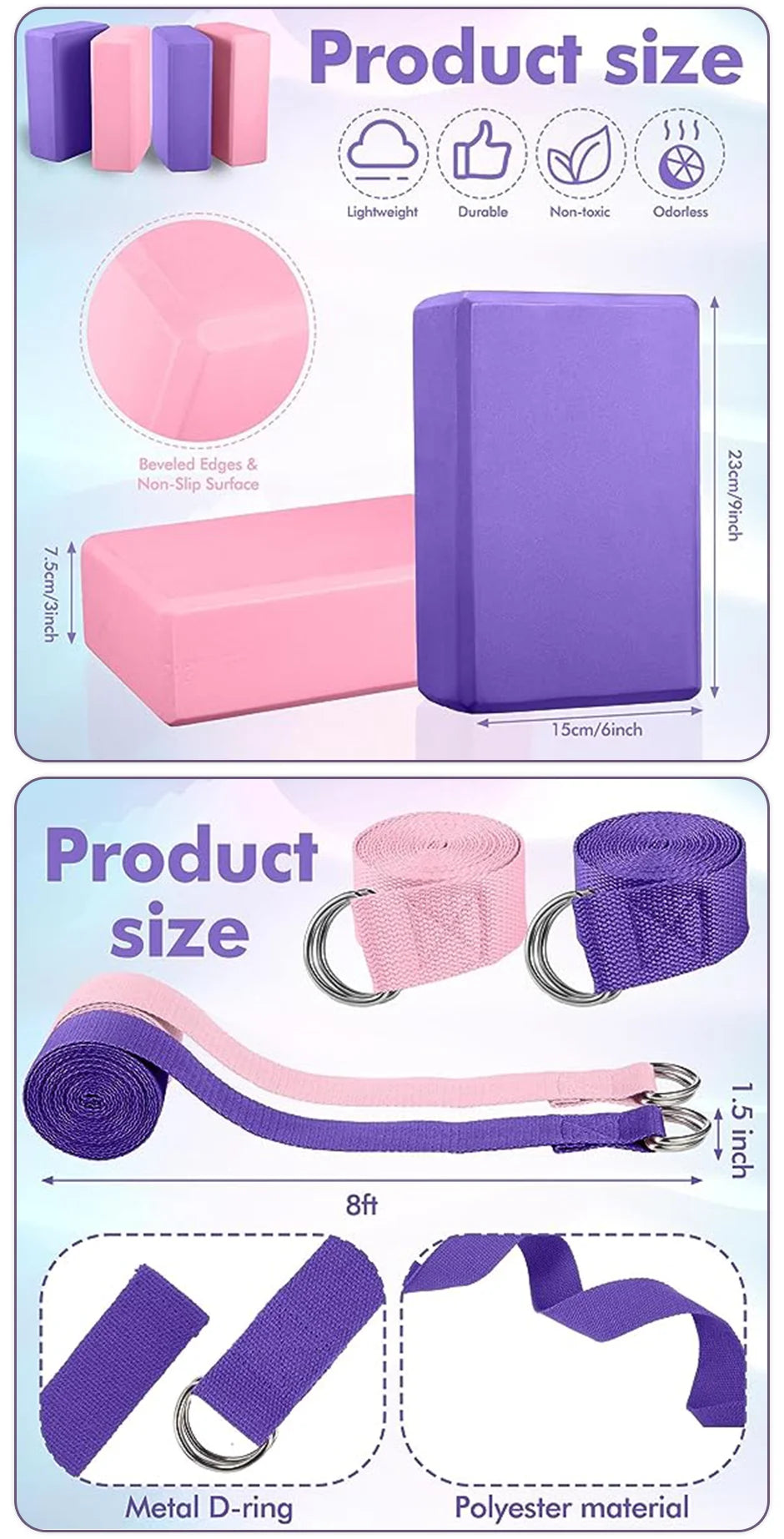 1 Pack Combo Set, 9" x 6" x 3" High Density EVA Foam Block Yoga Block 2 Pack and Metal D Ring Yoga Strap 1