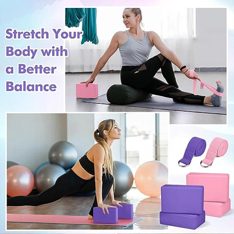 1 Pack Combo Set, 9" x 6" x 3" High Density EVA Foam Block Yoga Block 2 Pack and Metal D Ring Yoga Strap 1