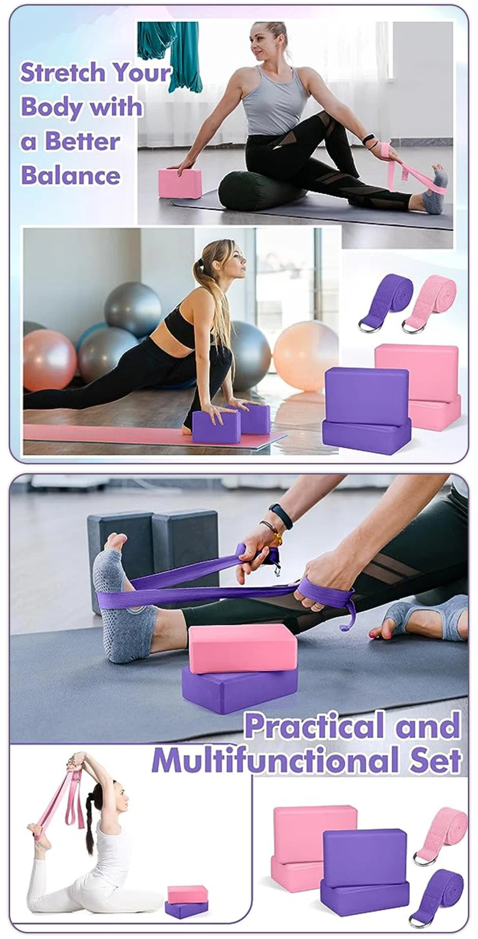 1 Pack Combo Set, 9" x 6" x 3" High Density EVA Foam Block Yoga Block 2 Pack and Metal D Ring Yoga Strap 1