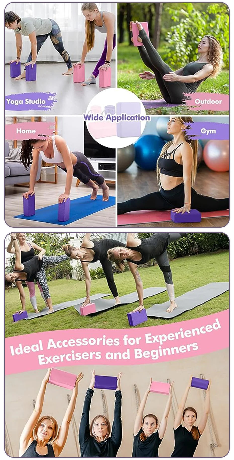1 Pack Combo Set, 9" x 6" x 3" High Density EVA Foam Block Yoga Block 2 Pack and Metal D Ring Yoga Strap 1