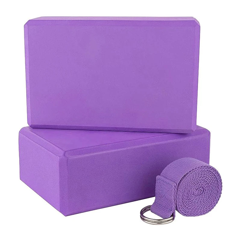 1 Pack Combo Set, 9" x 6" x 3" High Density EVA Foam Block Yoga Block 2 Pack and Metal D Ring Yoga Strap 1