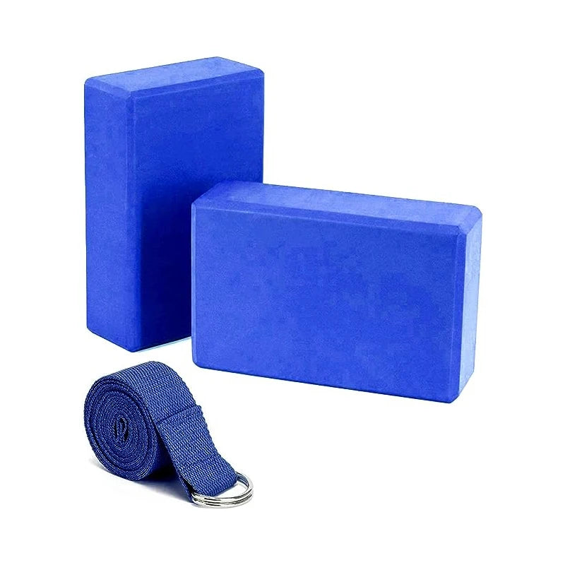 1 Pack Combo Set, 9" x 6" x 3" High Density EVA Foam Block Yoga Block 2 Pack and Metal D Ring Yoga Strap 1