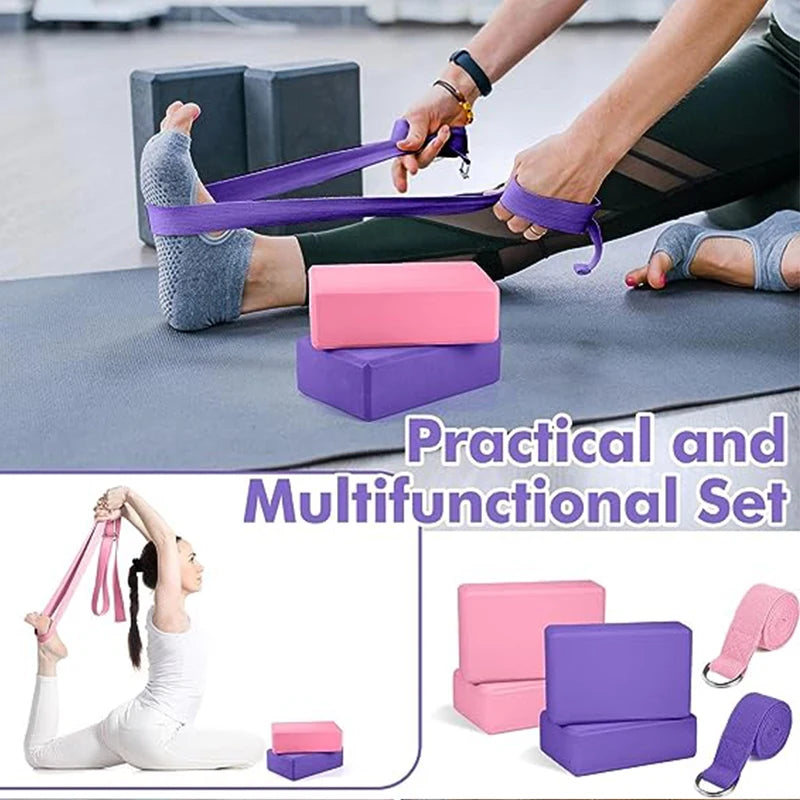 1 Pack Combo Set, 9" x 6" x 3" High Density EVA Foam Block Yoga Block 2 Pack and Metal D Ring Yoga Strap 1