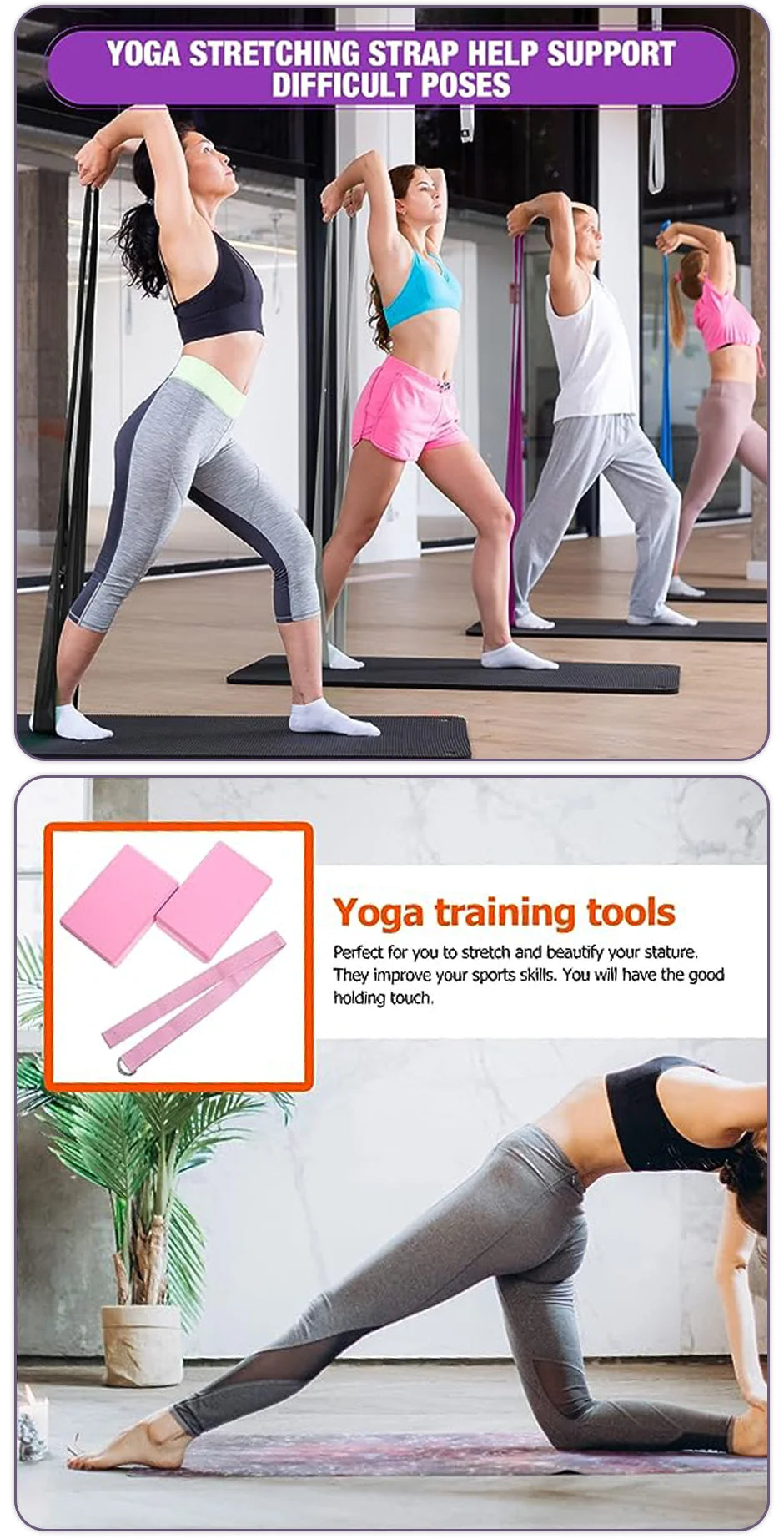 1 Pack Combo Set, 9" x 6" x 3" High Density EVA Foam Block Yoga Block 2 Pack and Metal D Ring Yoga Strap 1