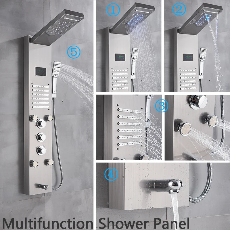 Brushed Nickel Bathroom Shower Column Wall Mounted Black LED Shower Panel