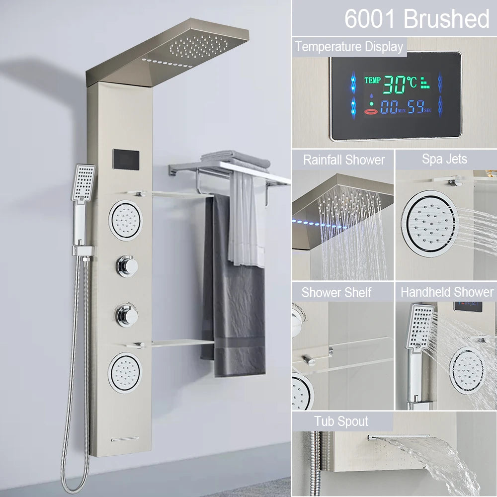 LED Light Shower Panel - Waterfall, Rain Digital Display Shower Faucet Set