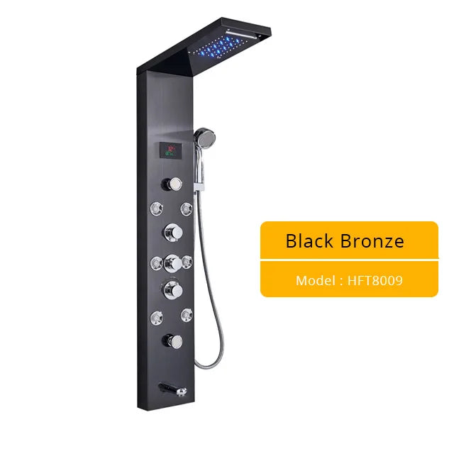 Brushed Nickel Bathroom Shower Column Wall Mounted Black LED Shower Panel