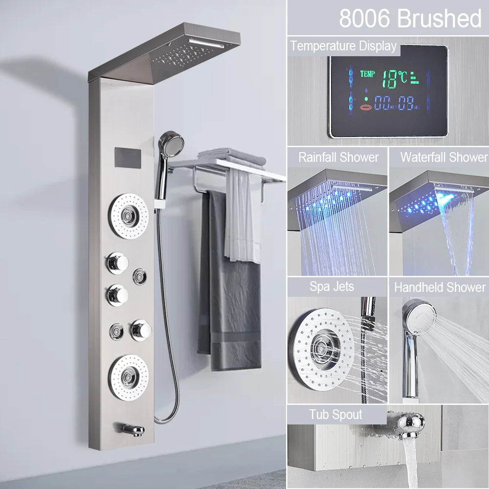 LED Light Shower Panel - Waterfall, Rain Digital Display Shower Faucet Set
