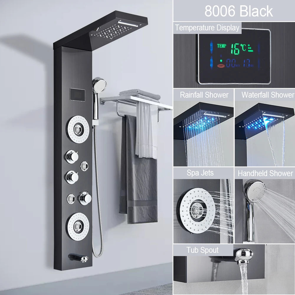 LED Light Shower Panel - Waterfall, Rain Digital Display Shower Faucet Set