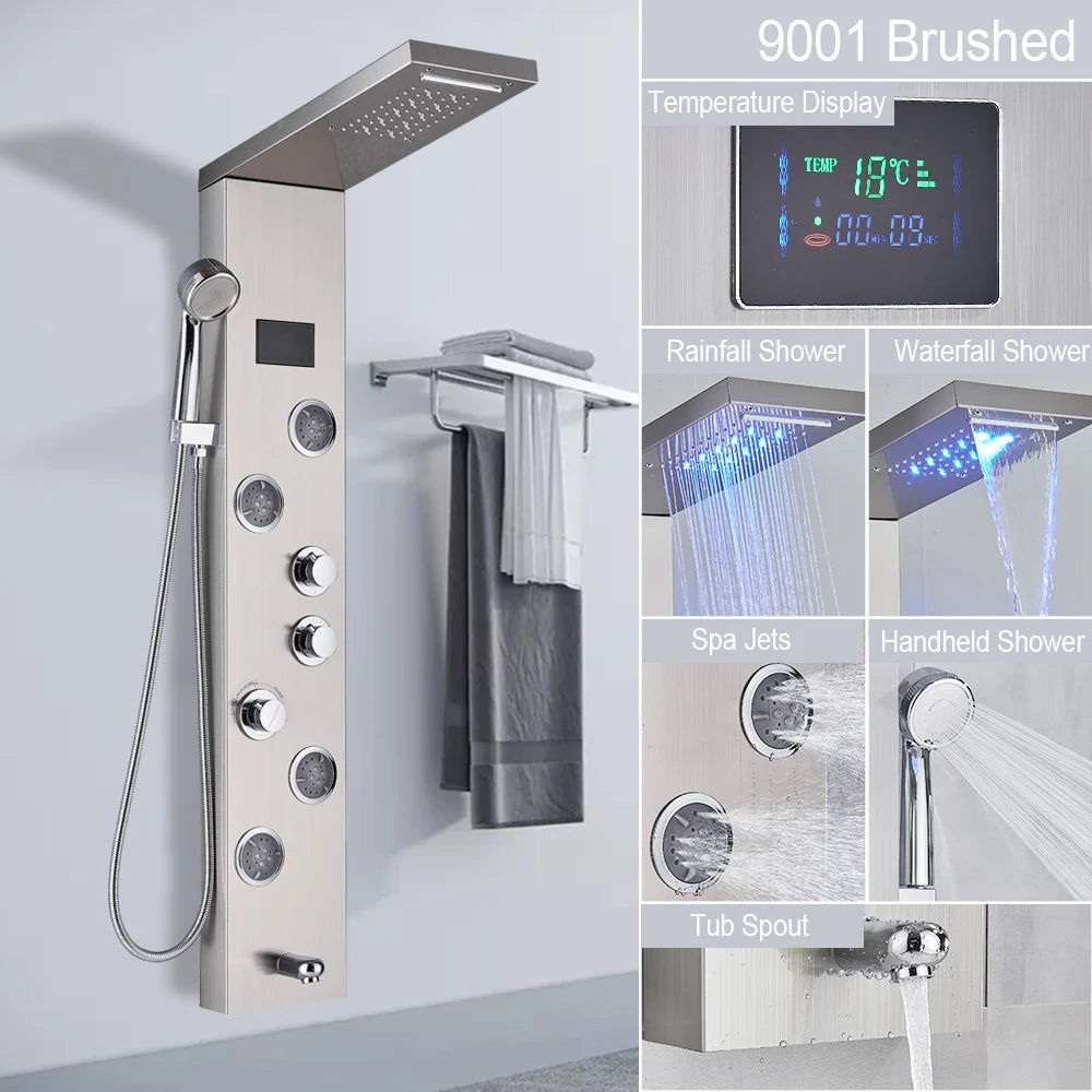 LED Light Shower Panel - Waterfall, Rain Digital Display Shower Faucet Set