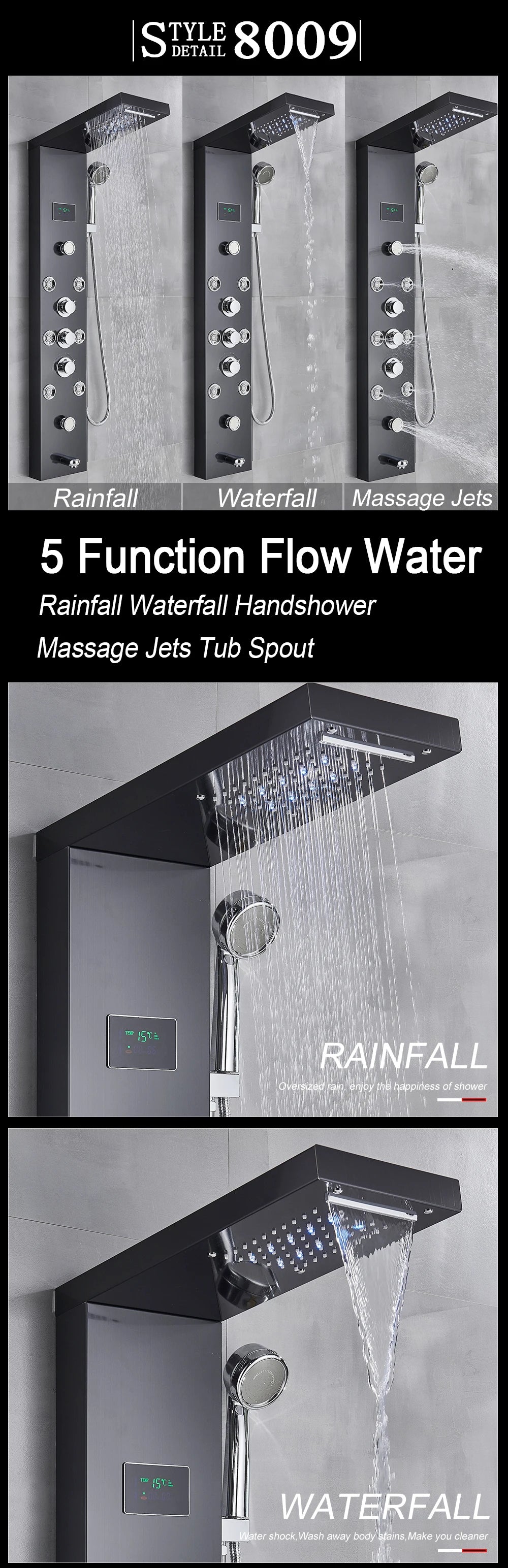 LED Light Shower Panel - Waterfall, Rain Digital Display Shower Faucet Set
